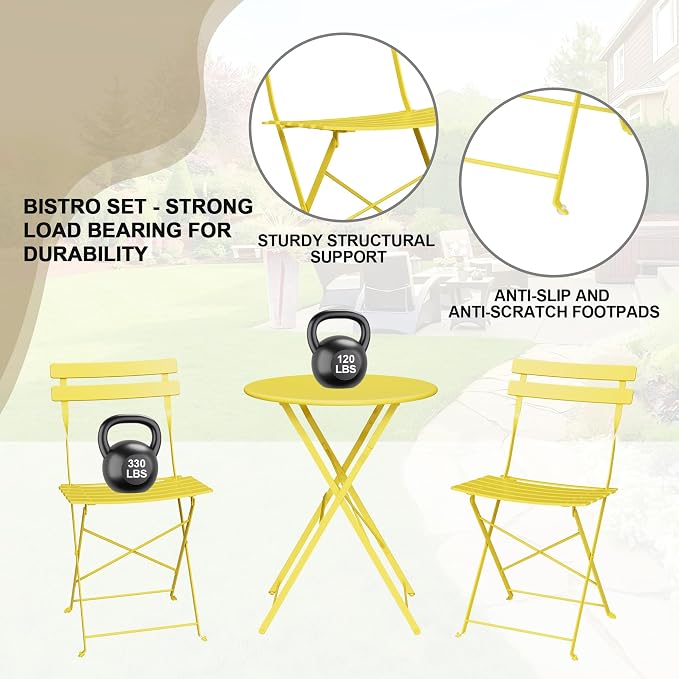 Bistro Table and Chairs Set of 2, 3 Piece Outdoor/Indoor Folding Patio Bistro Sets, 2 Chair Patio Furniture Set with Table, Premium Frame Foldable Coffee Tables for Balcony, Yard, Garden, Yellow