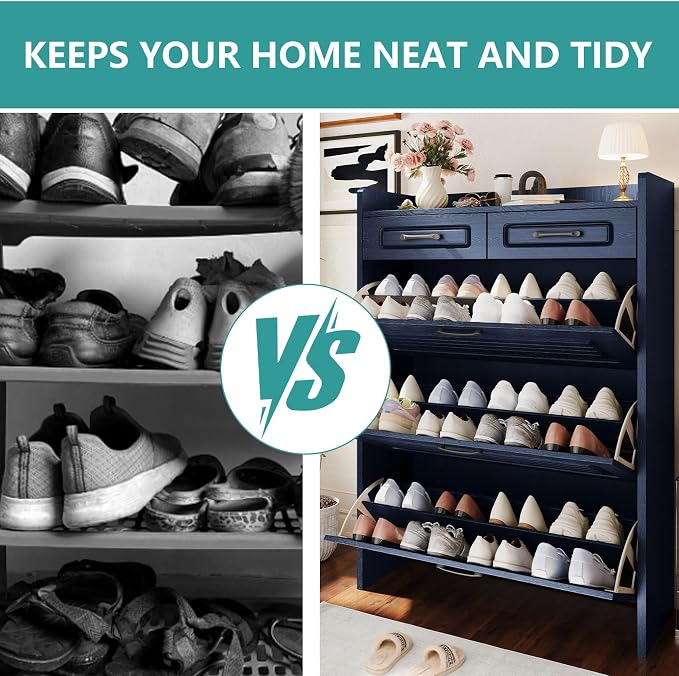Shoe Cabinet with 3 Large Flip Drawers and 2 Storage Drawers, Narrow Shoe Organizer Cabinet Fits for Kinds of Shoes, Hidden Shoe Storage Cabinet for Entryway, Hallway, Blue