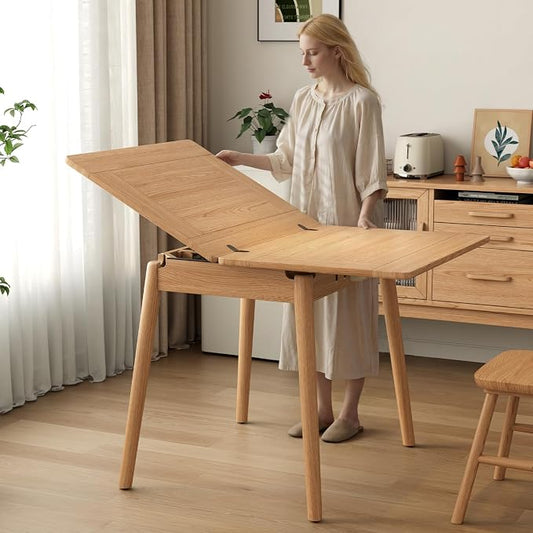 Solid Wood Small Dining Table, 23.6"L-47.2"L Expandable Kitchen Table for 2-6, Designed for Small Spaces, Easy Assembly, Suitable for Kitchen, Dining Room, Living Room, Apartment (Natural)