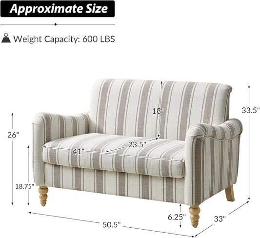 HULALA HOME 50.5" Loveseat Sofa with Stripe Pattern, 2 Seater Farmhouse Sofa with Rolled Wide Armrests and Rubber Wood Legs, Comfy Upholstered Small Couch for Living Room Bedroom, Tan
