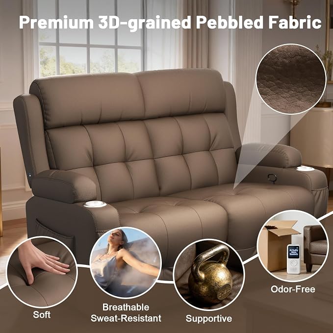 Reclining Loveseat, Wall-Hugger Loveseat Recliner Design with USB/Type C Charging & Storage & Cupholder, Pebble-Weave Fabric Recliner Sofa Couch for Living Room, Home Theater & RV Use