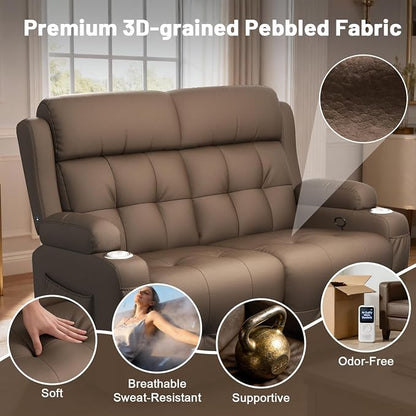 Reclining Loveseat, Wall-Hugger Loveseat Recliner Design with USB/Type C Charging & Storage & Cupholder, Pebble-Weave Fabric Recliner Sofa Couch for Living Room, Home Theater & RV Use