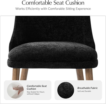 Upholstered Dining Chairs Set of 2, Fabric Dining Room Chairs with Curved Backrest, Solid Wood Legs, Modern Kitchen Chairs for Dining Room Living Room, Black