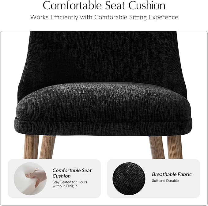 Upholstered Dining Chairs Set of 4, Fabric Dining Room Chairs with Curved Backrest, Solid Wood Legs, Modern Kitchen Chairs for Dining Room Living Room, Black