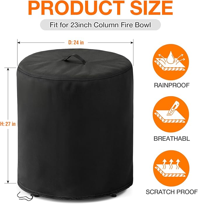 POMER Fire Column Cover, 24inch Round Fire Pit Covers Column Fire Bowl Waterproof Propane Gas Fire Pit Cover - 24" D x 27" H