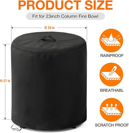 POMER Fire Column Cover, 24inch Round Fire Pit Covers Column Fire Bowl Waterproof Propane Gas Fire Pit Cover - 24" D x 27" H
