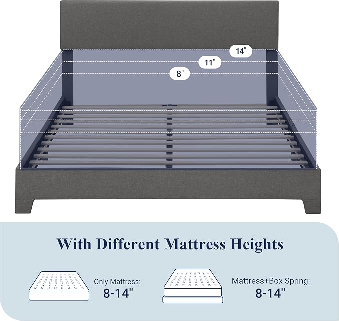 Allewie Queen Bed Frame with Adjustable Headboard, Upholstered Platform Bed with Wood Slats, Heavy Duty Mattress Foundation, No Box Spring Needed, Noise-Free, Easy Assembly, Dark Grey