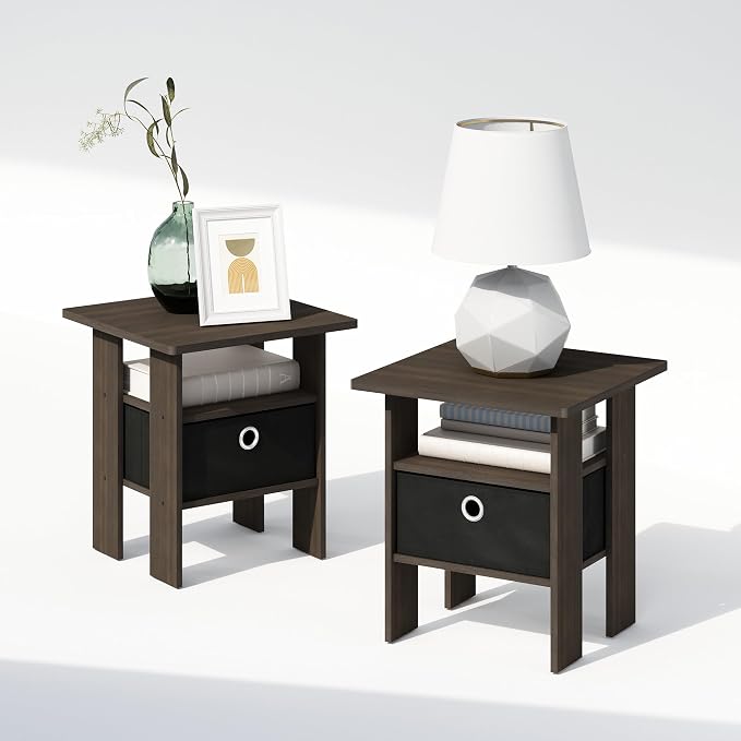 Furinno TIDUR Night Stand Set of 2, Open Shelf Design Nightstand with Storage Bin, Bedside Table, End Table, Side Table, for Bedroom, Closet, Dorm, Dark Brown