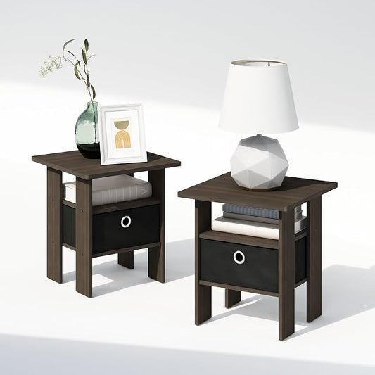 Furinno TIDUR Night Stand Set of 2, Open Shelf Design Nightstand with Storage Bin, Bedside Table, End Table, Side Table, for Bedroom, Closet, Dorm, Dark Brown