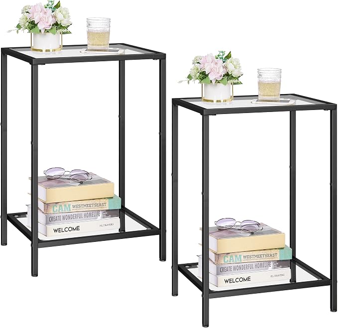 HOMSHO Side Tables Set of 2, End Tables with Tempered Glass, 2-Tier Nightstands with Storage Shelves, Coffee Table with Modern Style, Slim Sofa Table for Living Room, Bedroom, 11.8" D x 15" W, Black