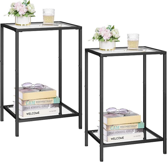 HOMSHO Side Tables Set of 2, End Tables with Tempered Glass, 2-Tier Nightstands with Storage Shelves, Coffee Table with Modern Style, Slim Sofa Table for Living Room, Bedroom, 11.8" D x 15" W, Black