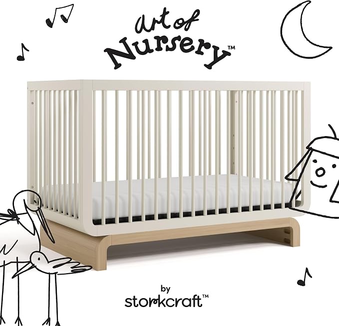Storkcraft Santorini 5-in-1 Convertible Crib with Toddler Guardrail – GREENGUARD Gold Certified, Conversion Kit Included, 100% Solid Wood, Fits Standard Crib Mattress (Frosted Oat and Driftwood)
