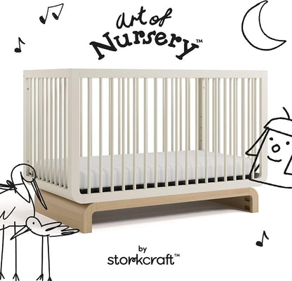 Storkcraft Santorini 5-in-1 Convertible Crib with Toddler Guardrail – GREENGUARD Gold Certified, Conversion Kit Included, 100% Solid Wood, Fits Standard Crib Mattress (Frosted Oat and Driftwood)