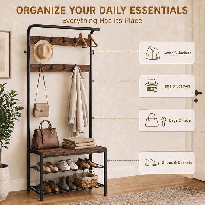 Simple Deluxe 4-in-1 Entryway Coat Rack, Hall Tree with Bench and Shoe Storage, Mudroom Bench with Storage and 10 Hooks Hall Tree Organizer for Entryway, Bedroom, Brown