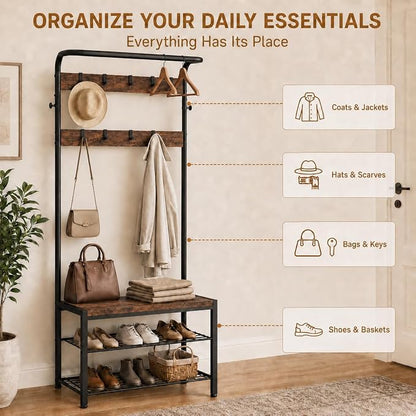 Simple Deluxe 4-in-1 Entryway Coat Rack, Hall Tree with Bench and Shoe Storage, Mudroom Bench with Storage and 10 Hooks Hall Tree Organizer for Entryway, Bedroom, Brown