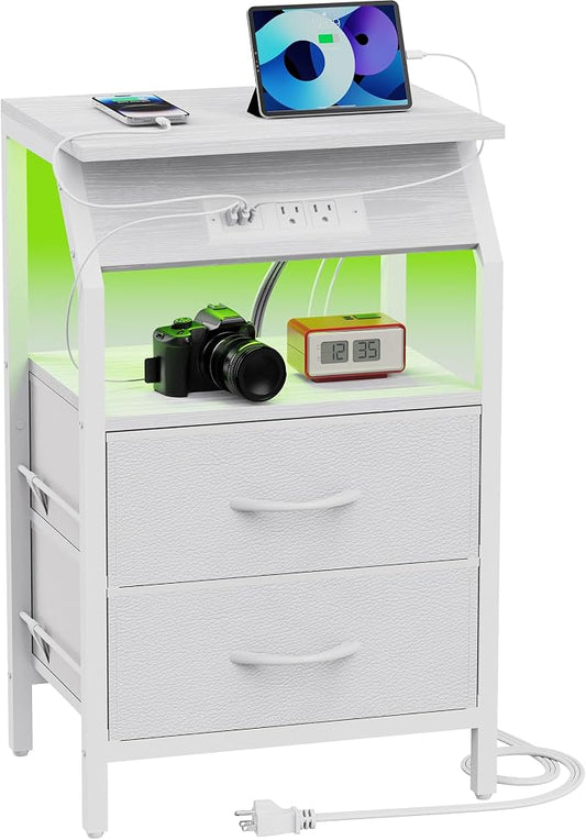 SZLHANJZ LED End Table, Nightstand with 2 Drawers and Charging Station Type C Port, Storage Fabric Night Stand for Bedside, Small Side Table for Living Room Dorm, White