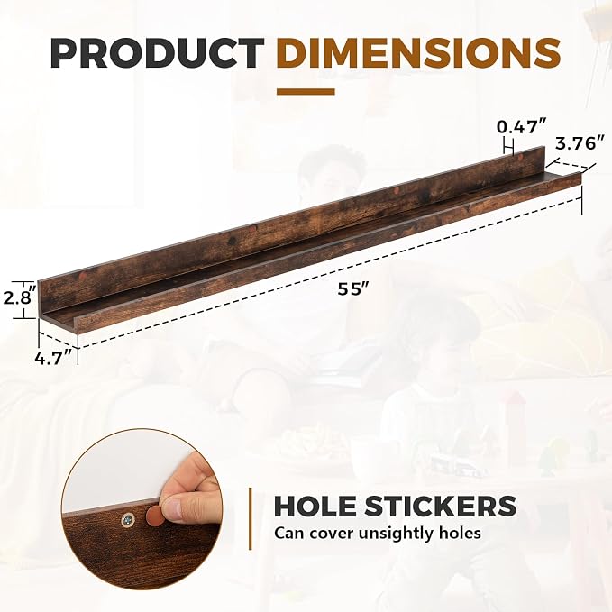 Muzilife 55" Large Floating Wall Ledge Shelves with Lip - Set of 2 Rustic Wood Floating Shelves - Walnut Brown Wall Mounted Picture Ledge for Office, Bathroom, Bedroom, Living Room, Kitchen