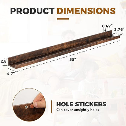 Muzilife 55" Large Floating Wall Ledge Shelves with Lip - Set of 2 Rustic Wood Floating Shelves - Walnut Brown Wall Mounted Picture Ledge for Office, Bathroom, Bedroom, Living Room, Kitchen