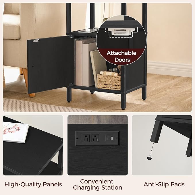 MAHANCRIS Farmhouse Nightstand with Charging Station, Black Bedside Table with USB & Type-C Ports, End Table with Storage and Open Shelf, Modern Side Table for Bedroom, ETBK96E01
