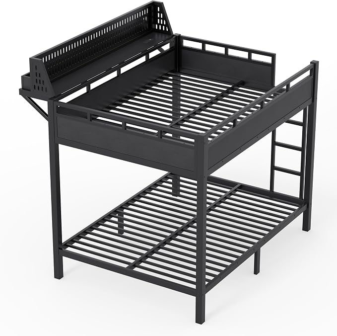 Bellemave Bunk Bed Full Over Full，Metal Bunk beds with Storage Shelves USB Ports and LED Lights, Black