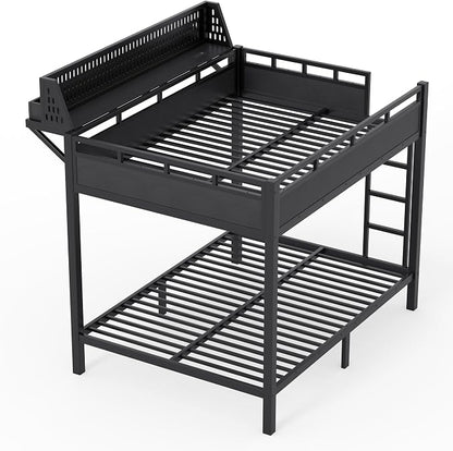 Bellemave Bunk Bed Full Over Full，Metal Bunk beds with Storage Shelves USB Ports and LED Lights, Black
