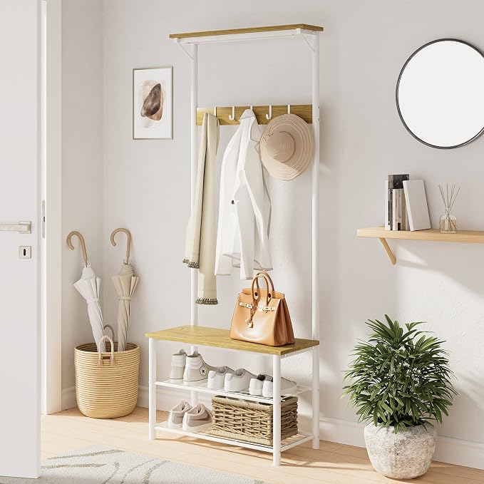 Hall Tree with Bench and Shoe Storage, 3-in-1 Coat Rack Shoe Bench, Freestanding Wooden Coat Rack with Metal Frame, 3-Tier Storage Shelf and 5 Removable Hooks, White