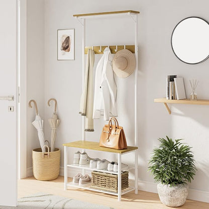 Hall Tree with Bench and Shoe Storage, 3-in-1 Coat Rack Shoe Bench, Freestanding Wooden Coat Rack with Metal Frame, 3-Tier Storage Shelf and 5 Removable Hooks, White