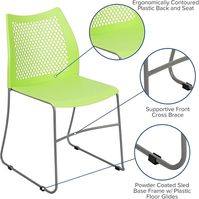 Flash Furniture Hercules Series Contoured Lobby Chairs with Air-Vent Honeycomb Backs, Ergonomic Stacking Chairs for Offices, Set of 5, Green