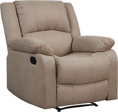Warren 35.5" Manual Pull-Handle Recliner, Traditional Overstuffed, Pocket Coil Comfort, Black Metal Base Legs, Soft Microfiber Fabric, Beige