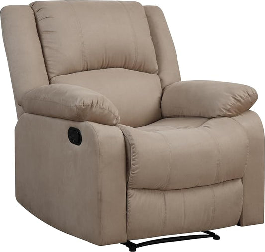 Warren 35.5" Manual Pull-Handle Recliner, Traditional Overstuffed, Pocket Coil Comfort, Black Metal Base Legs, Soft Microfiber Fabric, Beige