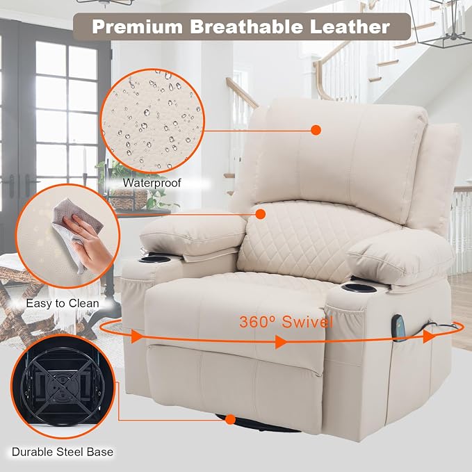 Faux Leather Recliner Chair with Heat and Massage Cup Holder, Overstuffed Swivel Rocker Recliner Chair Rocking Glider Chair for Nursery, Cream White