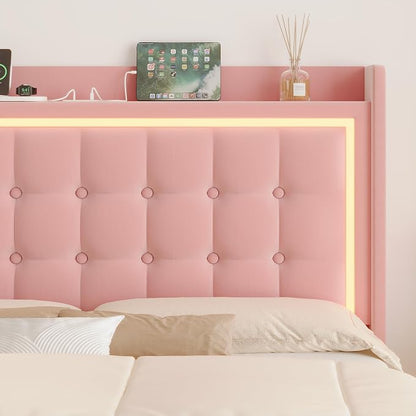Keyluv Twin Floating Bed Frame with Storage Headboard, LED Lights & Charging Station Platform Bed, Soft Upholstered Velvet, USB/Type-C Ports, Easy Assembly, Pink