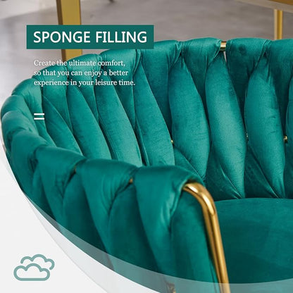 Velvet Dining Chairs Set of 6, Modern Upholstered Dining Room Chairs with Golden Metal Legs and Woven Backrest for Dining Room, Kitchen, Vanity, Living Room (Green)