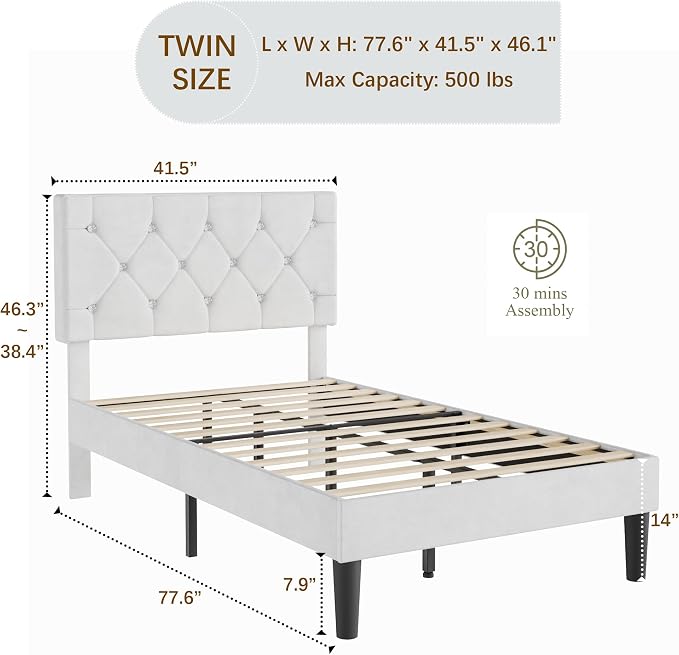 VECELO Twin Size Bed Frame with Diamond Tufted Headboard, Upholstered Platform Bedframe with Wood Slat Support, No Box Spring Needed, Velvet & White