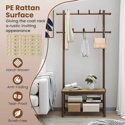 Giantex 3-in-1 Hall Tree with Bench and Shoe Storage, Bamboo Coat Rack Freestanding w/PE Rattan Bench, 11 Hanging Rods, 3 Tier Shoe Rack, Narrow Mudroom Storage Organizer for Entryway Bedroom, Brown