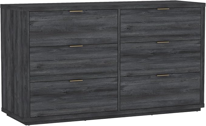 Manhattan Comfort Evelyn 60" Wide Modern Wood Dresser with 6 Drawers, Premium Storage Drawers with Rounded Edges and Brushed Gold Handles, Versatile Home Furniture, Charcoal Gray