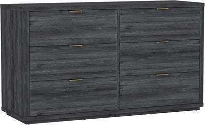 Manhattan Comfort Evelyn 60" Wide Modern Wood Dresser with 6 Drawers, Premium Storage Drawers with Rounded Edges and Brushed Gold Handles, Versatile Home Furniture, Charcoal Gray