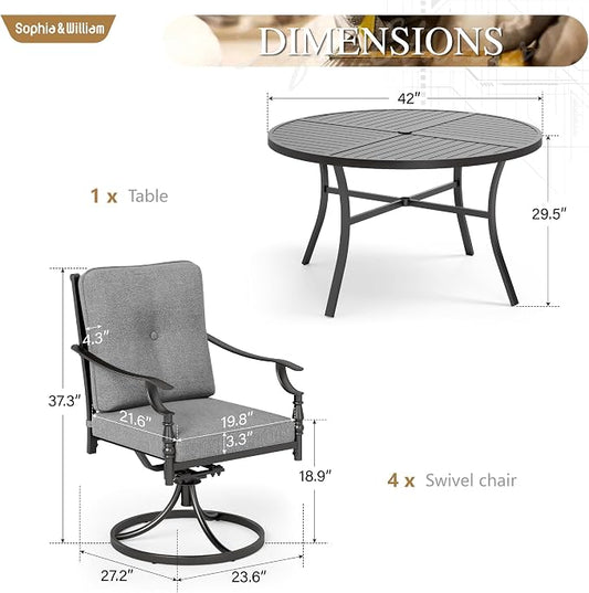 Sophia & William 5 Piece Outdoor Patio Dining Set, Patio Table and Chairs Set for 4,Swivel Patio Chairs with Cushions and Round Table, Outdoor Dining Set for Backyard, Poolside