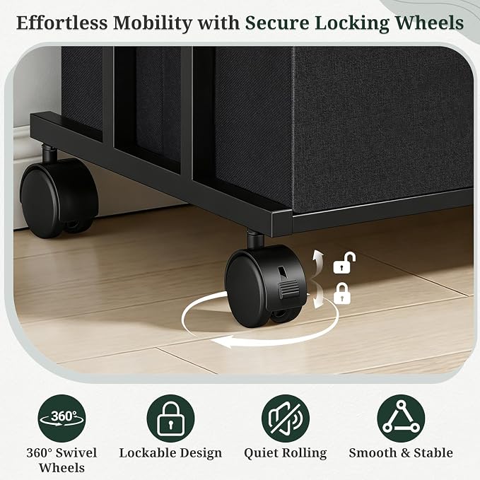3 Drawers Dresser with Wheels, Storage Organizer with Removable Fabric Bins and Steel Frame, Small Nightstand Dresser for Bedroom Office, Entryway, Ink Black