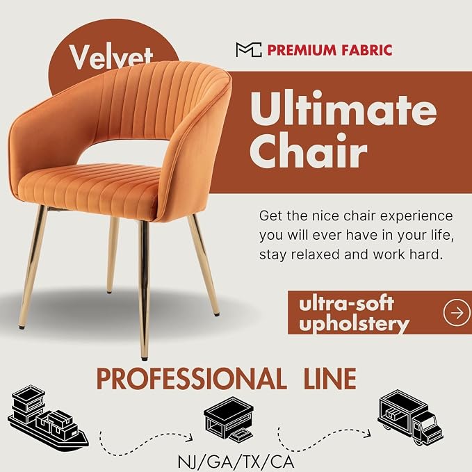 Hyfirm Velvet Dining Chairs Set of 6, Modern Gold Legs Dining Room Chairs with Hollow Back, Upholstered Accent Kitchen Chairs for Living Room/Reception/Restaurant, Orange