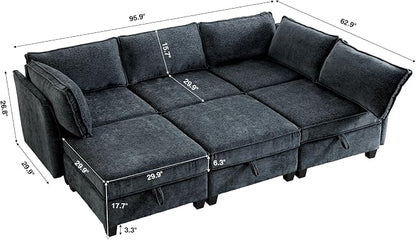 ORRD Sleeper Modular Sectional Sofa Set, Convertible Couch Bed with Storage, 6 Seater and 3 Armrestes Sofa Modular for Living Room, Office (Blue Grey)