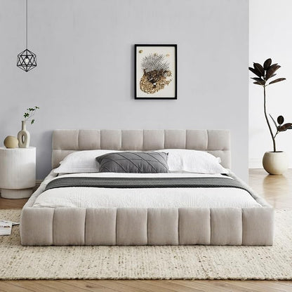 KEIKI Queen Thick Chenille Platform Bed Frame with Upholstered Tufted Headboard, Modern Solid Wood Floor Platform for Bedroom, No Box Spring Needed