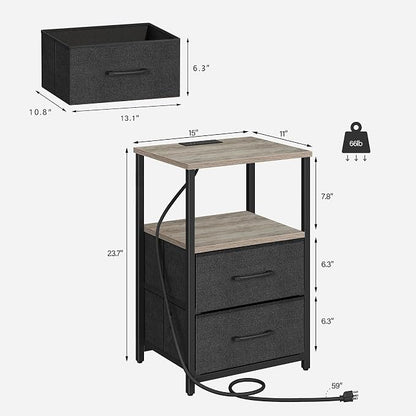 TUTOTAK LED End Table with Charging Station, Nightstand with Cloth Drawer, Side Table with 1 USB Port and 1 Type-C Port, Set of 2, Couch Table, Greige TB01BG052L