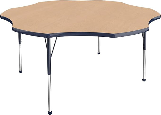 FDP Flower Activity School and Office Table (60 inch), Standard Legs with Ball Glides for Collaborative Seating Environments, Adjustable Height 19-30 inches - Maple Top and Navy Edge