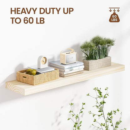 Heimlove Unfinished Wood Floating Shelves, Pine Shelves for Wall Set of 2, Wall Mounted Rustic Wood 8 Inch Deep Floating Shelf with Invisible Brackets for Bedroom Kitchen Living Room - Natural, 36x8