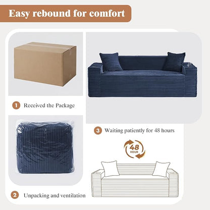 2 Pcs Living Room Cloud Sofa Set,Boneless 3 Seat Sofa Couch with Cup Holder and Side Pocket for Compact Living Rooms, Apartments (Blue, Single Chair + 3 Seat Sofa)