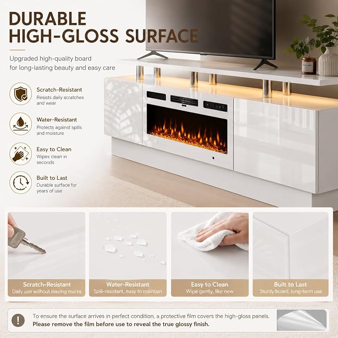 70" TV Stand for Living Room, Entertainment Center & Media Console with Storage, Fits TVs up to 80", Modern TV Cabinet with Shelves, 36" Electric Fireplace (All White)