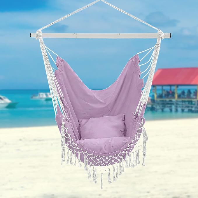 Hammock Chair, Hanging Rope Swing Seat with 2 Cushions,Macrame Hanging Chair Side Pocket with High Load-Bearing Metal Rod,for Indoor, Outdoor, Extra Comfortable (Light Purple)