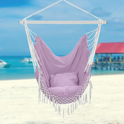 Hammock Chair, Hanging Rope Swing Seat with 2 Cushions,Macrame Hanging Chair Side Pocket with High Load-Bearing Metal Rod,for Indoor, Outdoor, Extra Comfortable (Light Purple)