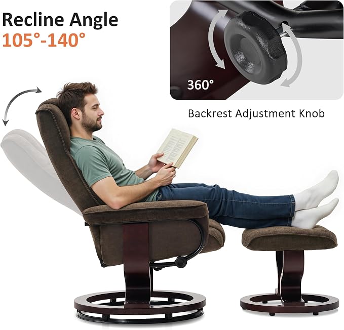 MCombo Manual Swivel Recliner with Ottoman, Chair Ottoman Set for RV Small Spaces, Living Room, Bedroom, Office 4919 (Chenille, Brown)